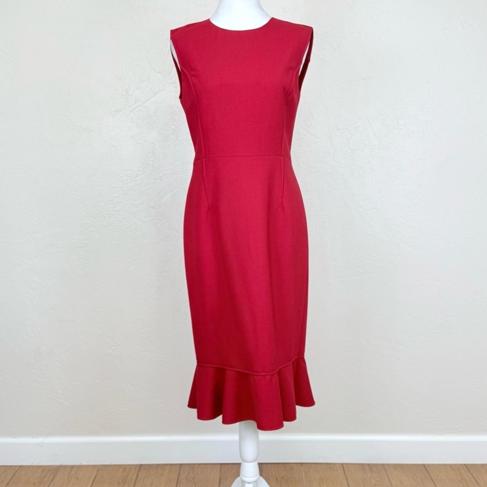 Oscar de la Renta Flared Ruffle Hem Midi Stretch Wool Claret Red Dress Size 4 - Picture 1 of 15